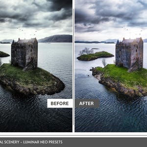 May include: A before-and-after image of a castle on a small island in a body of water under a cloudy sky. The castle is made of stone and has a dark, weathered appearance. The text "BEFORE" and "AFTER" is visible.