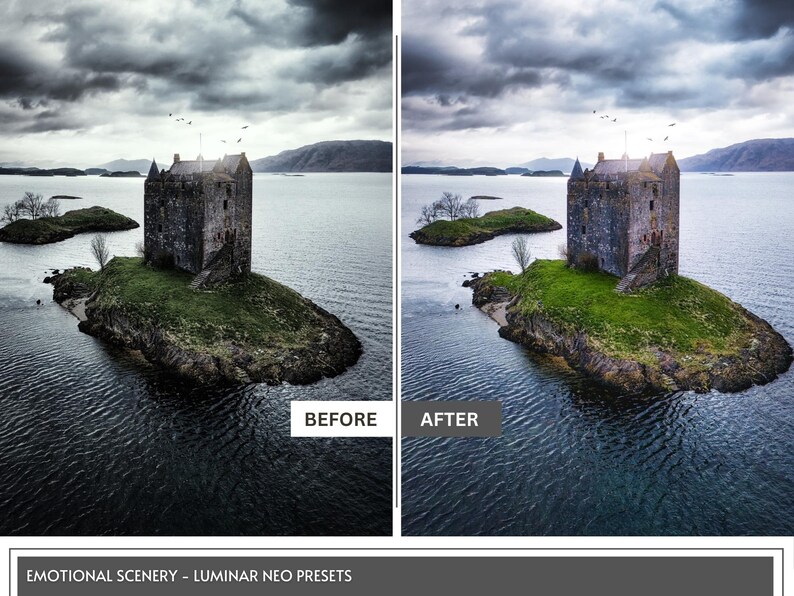 May include: A before-and-after image of a castle on a small island in a body of water under a cloudy sky. The castle is made of stone and has a dark, weathered appearance. The text "BEFORE" and "AFTER" is visible.