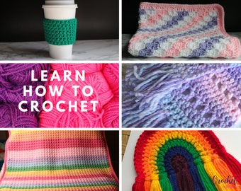 Crochet Pattern Bundle, INSTANT PDF DOWNLOAD, How to Crochet, Crochet cup cozy pattern, Crochet rainbow pattern, C2C pattern, Crochet scarf