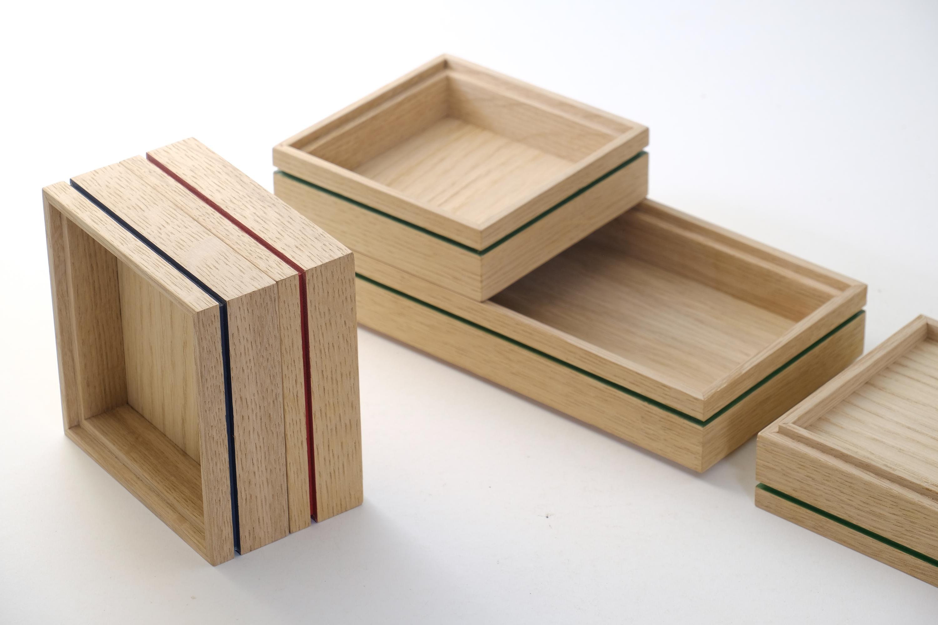 Handcrafted Stackable Oak Boxes With a Colored Groove Around the