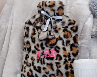 Neon Pink Personalised Leopard Hot Water Bottle