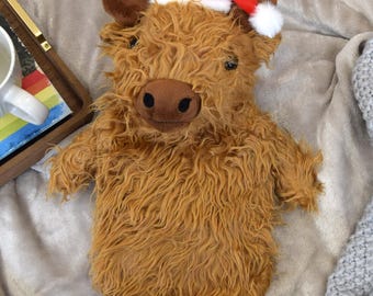 Personalised Highland Cow Santa Hat Hot Water Bottle