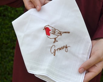 Personalised Embroidered Robin Handkerchief