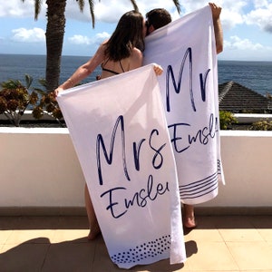 Honeymoon Personalised Wedding Beach Towels set of two image 1