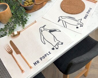 CUSTOM ORDER Merrilyn Personalised Penguin Linen Placemat Set of 3: Anniversary Couple Gift