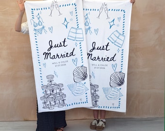 Just Married Honeymoon Beach Towels - Personalised set of two | Couples wedding gifts