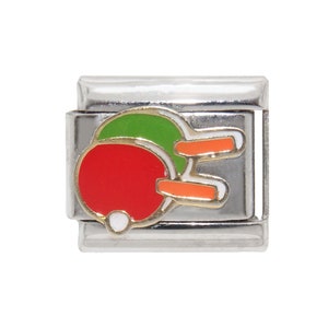 May include: A silver charm bracelet charm featuring a red and green table tennis bat and ball.