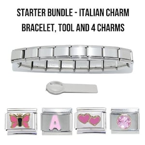 Lote de inicio de dijes italianos: pulsera, herramienta y 4 dijes italianos; se adapta a pulseras de dijes italianas clásicas de 9 mm