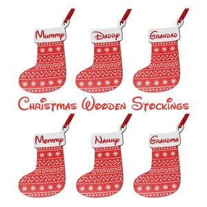 Red wooden patterned Christmas stockings - Christmas gift tag or Christmas tree decoration