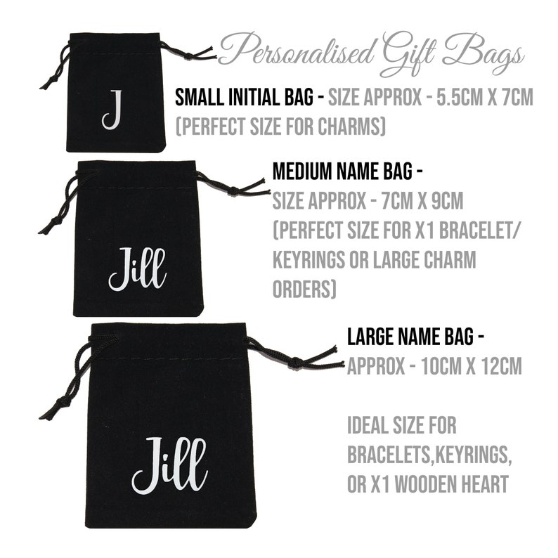 Personalised small black velveteen gift bag ideal for charms and Personalised small black velveteen gift bag ideal for charms and
