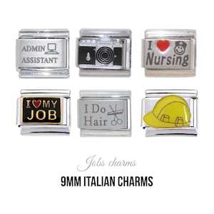 Puede incluir: Una colección de abalorios italianos de 9 mm con varios diseños relacionados con el trabajo. Los abalorios incluyen un ordenador para Asistente Administrativo, una cámara, "I Love Nursing" con un corazón y una cara de enfermera, "I Love My Job", tijeras para el pelo y un casco amarillo.