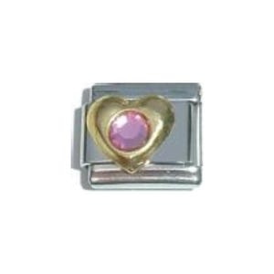 Gold heart with pink stone June birthmonth 9mm Italian charm - fits classic 9mm Italian charm bracelets