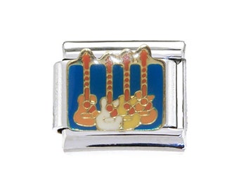 Charm italiano de esmalte de 9 mm con guitarras sobre fondo azul - Charm italiano de 9 mm