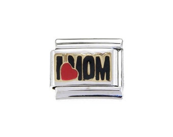 I love Mom with red heart enamel 9mm Italian charm - fits classic 9mm Italian charm bracelets