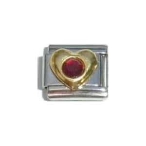Gold heart with dark red stone January birthmonth 9mm Italian charm - fits classic 9mm Italian charm bracelets