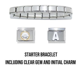9mm Italian Bracelet including clear gem charm  and white initial of your choice  - fits 9mm classic Italian charm bracelets