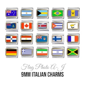 Flags A-J gold outline photo enamel - 9mm classic Italian charms