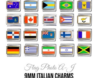 Flags A-J gold outline photo enamel - 9mm classic Italian charms