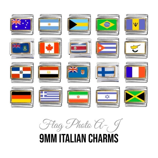 Flags A-J gold outline photo enamel - 9mm classic Italian charms