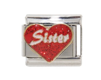 Sister on red sparkly heart 9mm Italian charm - fits classic 9mm Italian charm bracelets