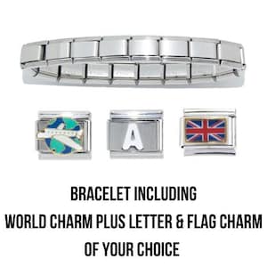 9mm Italian Travel Bracelet including a world with plane , white initial and a flag of your choice   - fits 9mm classic Italian charm