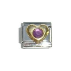 Gold heart with purple stone February birthmonth 9mm Italian charm - fits classic 9mm Italian charm bracelets