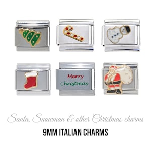 May include: Six silver 9mm Italian charms with festive Christmas designs. The charms feature a green Christmas tree, a candy cane, a snowman, a red stocking, the words "Merry Christmas", and Santa Claus.