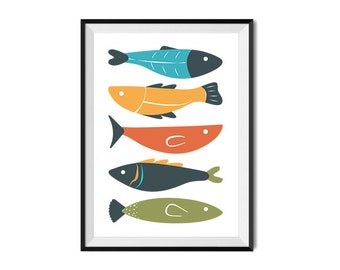 Fish Print, Playful Fish pattern, Retro colour palette, Downloadble wall art