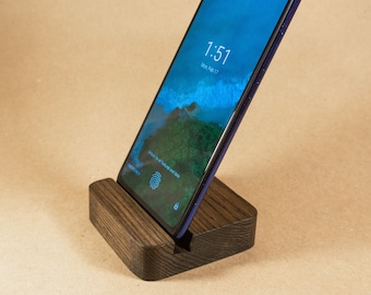 Handcrafted Ash Wood Phone Stand: Dark Smartphone Holder