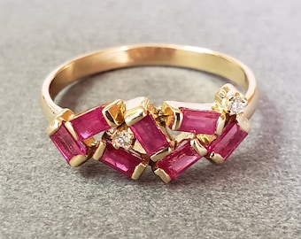 Baguette Cut Ruby Ring In 18k Gold, Color Stone Jewelry, Ruby Baguette Ring, Wedding Gold Band, July Birthstone, Anniversary Gift For Her