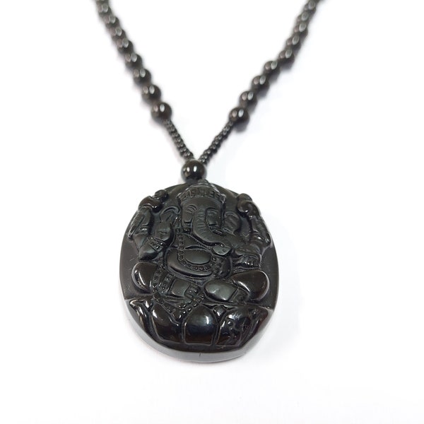 Black Obsidian Ganesha Pendant, Obsidian Beads Necklace, Ganesha Necklace, 23" Beaded Chain Necklace, Religious Gift, Black Obsidian