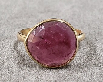 Rose Cut Pink Tourmaline 14k Ring For Women, Gold Jewelry, Pink Tourmaline Gemstone, Bezel Setting, Slice Tourmaline Ring, Anniversary Gift