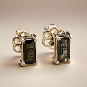 Green Baguette Tourmaline 14k Gold Studs For Women, Green Tourmaline Earring, Minimalist Studs, Prong Setting, Handmade Jewelry