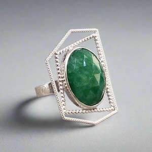 Oval Green Aventurine 925 Silver Ring - Handmade Statement Ring