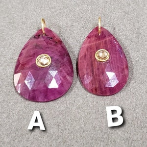 18k Gold Natural Ruby With Rose Cut Diamond Pendant Necklace For Women&#39;s, Gold Jewelry, Precious Stone, Pear Shape Ruby, Engraved Diamond