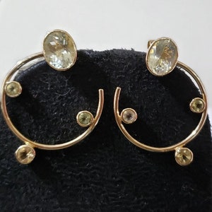 Yellow/Green Aquamarine 14k Gold Earring For Women, Round/Oval Aquamarine, Matching Pair, Bezel Setting, Anniversary Gift Earring