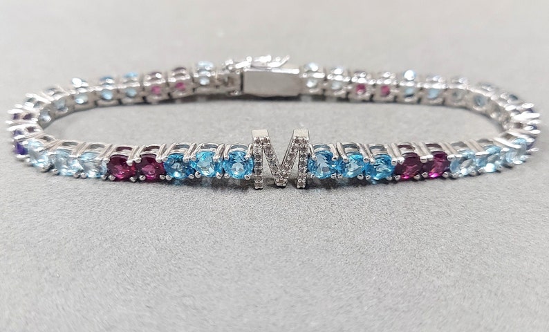 Multi Stone 925 Sterling Silver Bracelet Personalized Bracelet Garnet /& Amethyst Gemstone Topaz M Alphabet Bracelet Tennis Bracelet