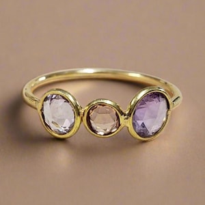 14K Gold Sapphire Stacking Ring – Three Stone Pink, Yellow & Blue Sapphire Ring, Rose Cut Gemstone Ring, Dainty Faceted Gift Ring for Her
