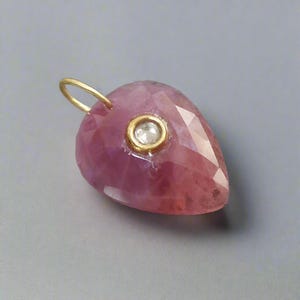 18k Gold Pink Sapphire Charm Pendant, Engraved Diamond In Sapphire, Gold Pendant, Pink Sapphire Necklace Pendant, Gift pendant