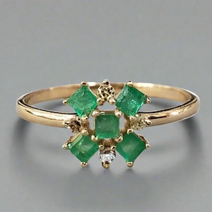 Dainty 14k Gold Zambian Emerald Ring: Square Cut Gemstone