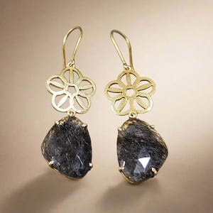 925 Silver Black rutile quartz earring, Gold Vermeil Earring, Prong Setting Dangle Earring, Handmade women jewelry, Dainty Earring