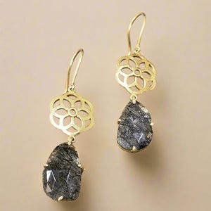Black rutile quartz gold vermeil earring, Prong Setting Dangle Earring, Handmade women jewelry, Silver Jewelry, Dainty Earring