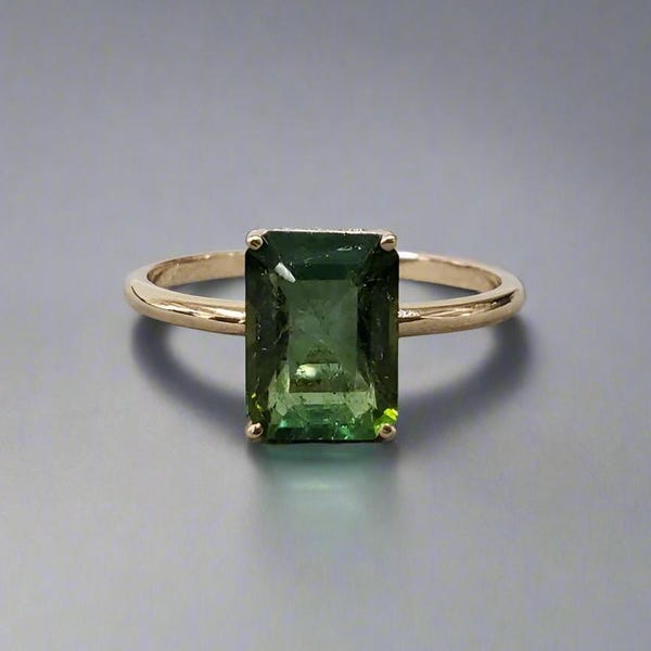 Octagon Green Tourmaline 14k Gold Ring: Natural Stone Wedding Jewelry