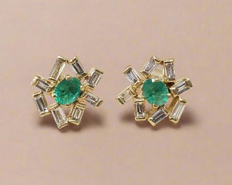 18k Gold Zambian Emerald Earrings with Baguette Diamonds