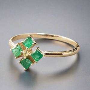 Square Emerald Diamond 14k Gold Ring: Baguette Gemstone