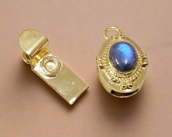 Doossluiting labradoriet: blauw vuur edelsteen, verbinding goudvermeil 925-zilver