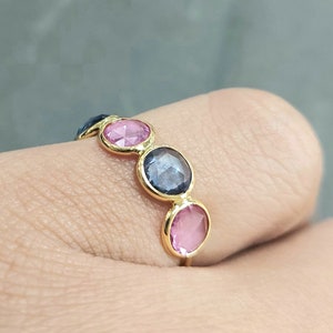Pink & Blue Sapphire Rose Cut, Stackable Ring, 14k Gold Ring, Sapphire Ring, Multi-color Natural Sapphire, 4 Stone Ring, Engagement Ring image 2