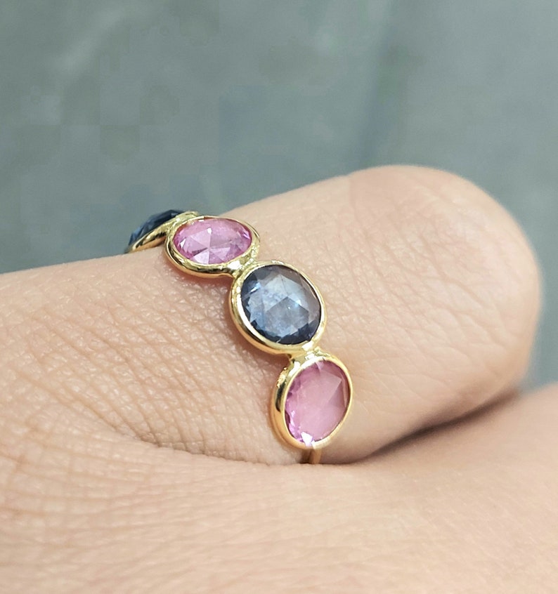 Pink & Blue Sapphire Rose Cut, Stackable Ring, 14k Gold Ring, Sapphire Ring, Multi-color Natural Sapphire, 4 Stone Ring, Engagement Ring image 2