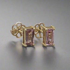 Pink Tourmaline Baguette 14k Gold Studs. Women Earring, Finished Jewelry, Birthstone Studs, Price Per Pair, Art deco, Prong Setting