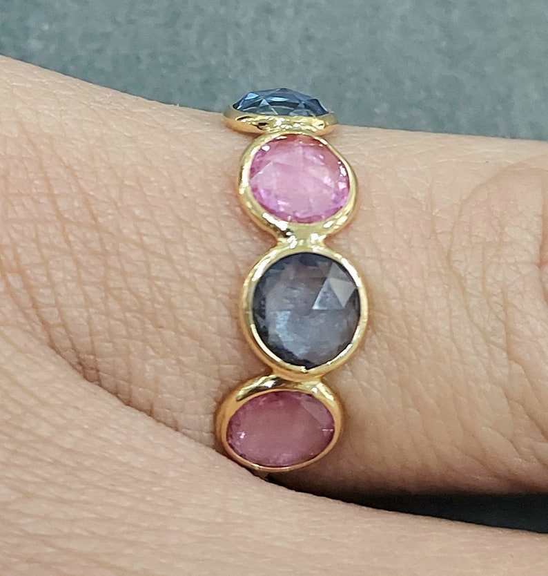 Pink & Blue Sapphire Rose Cut, Stackable Ring, 14k Gold Ring, Sapphire Ring, Multi-color Natural Sapphire, 4 Stone Ring, Engagement Ring image 4